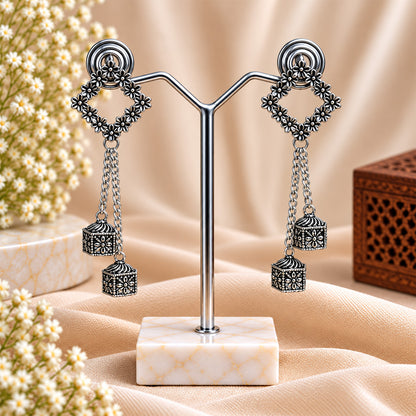 Oxidized Silver Floral Chain Earrings for Women