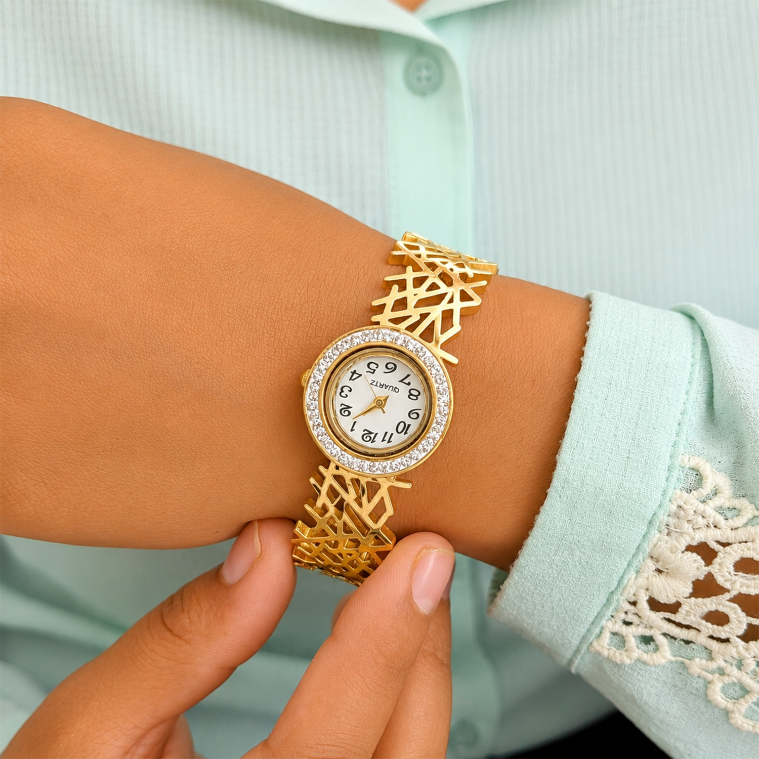 Traditional Criss Cross Design AD Studded Band Bracelet Watch For Girls & Women