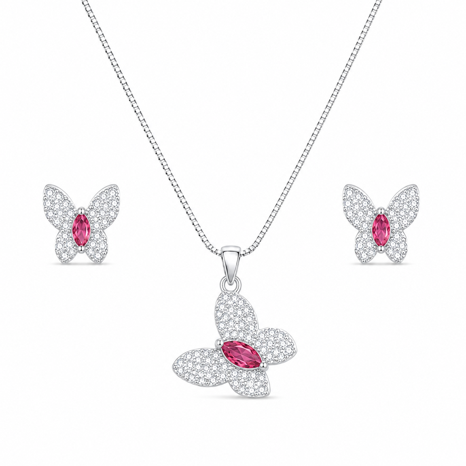 Butterfly AD Stone Rhodium Finish Pendant Set for Girls & Women's