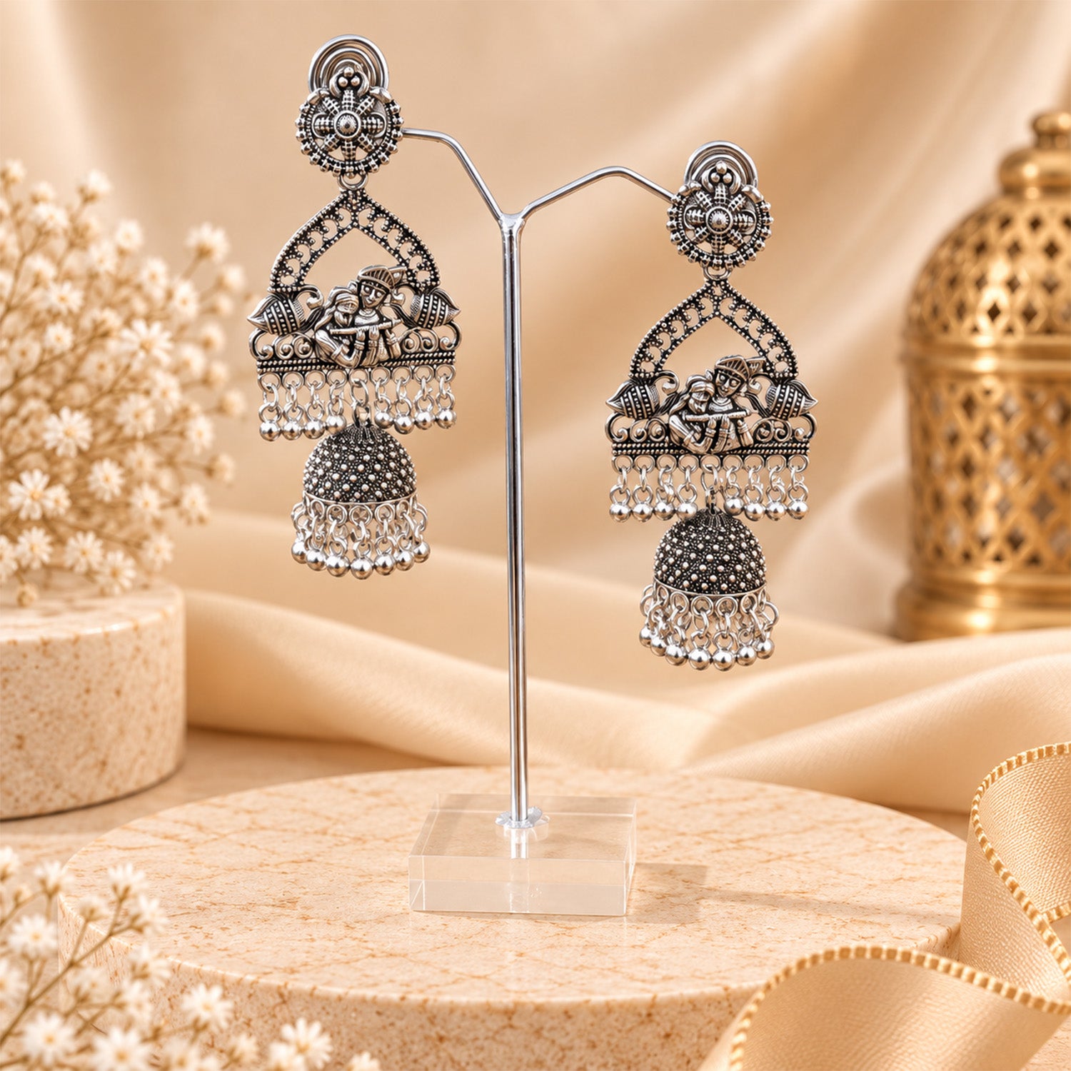 Oxidized Radha Krishna Motif Earrings for Girls & Women's