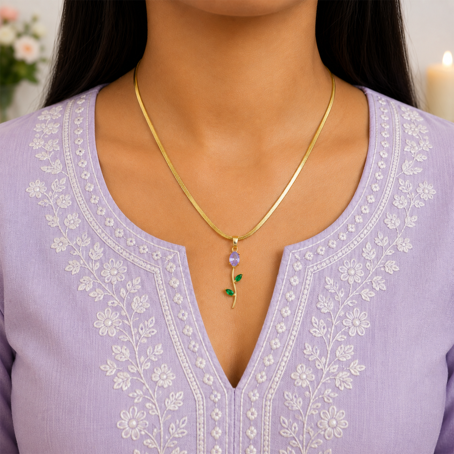 Tulip Teardrop Two Leaf Flower Pendant Necklace For Girls & Women's