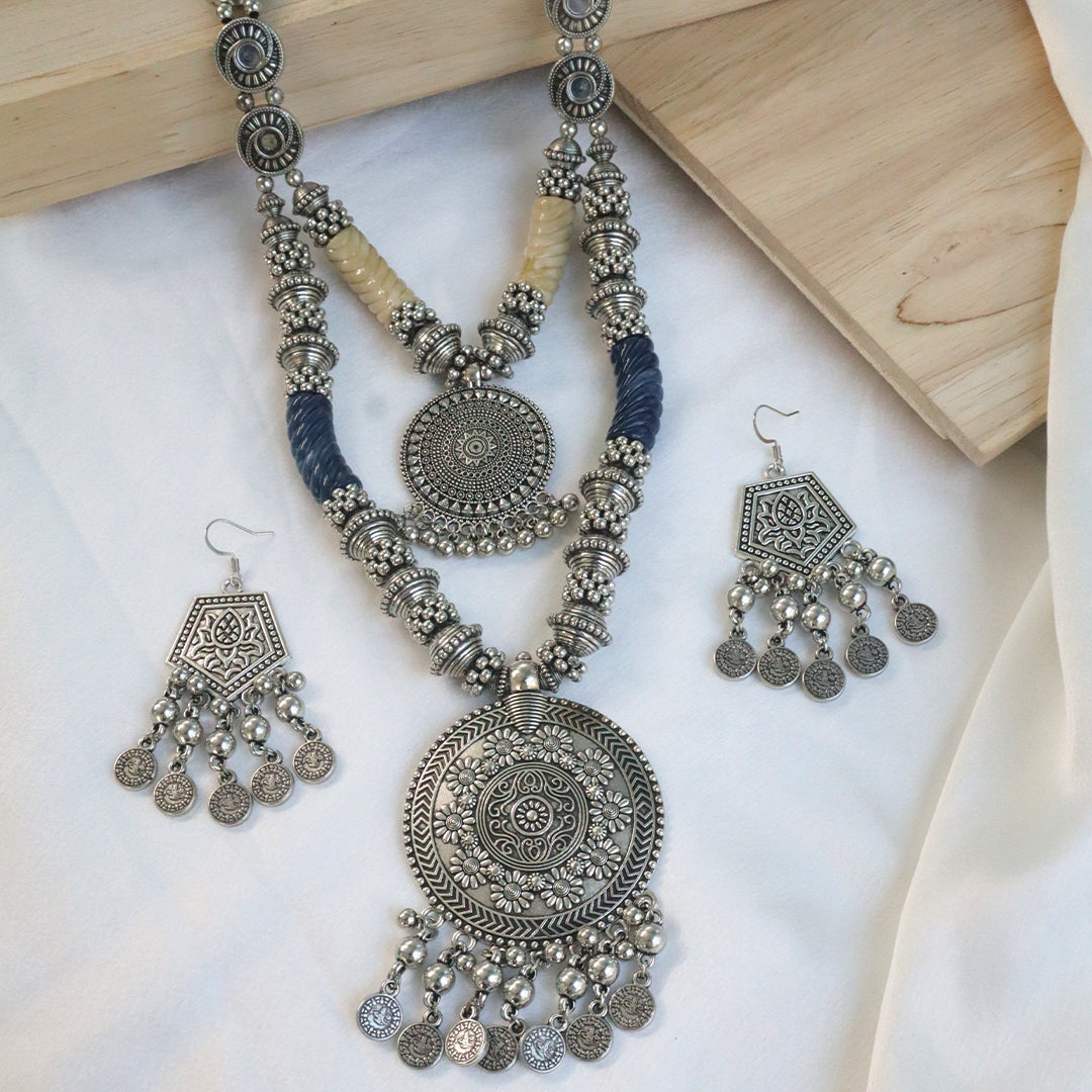 Ethnic Oxidised Layered Necklace with Earrings (Navratri Special)