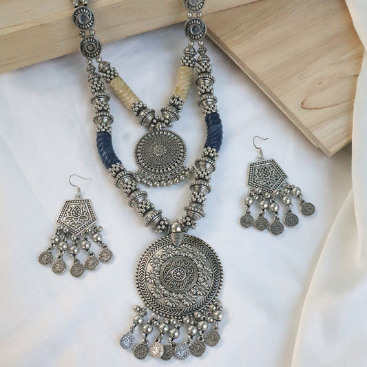 Ethnic Oxidised Layered Necklace with Earrings (Navratri Special)