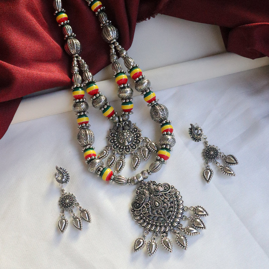 Bohemian Silver-Tone Necklace With Yellow And Green Beads and Earrings Set