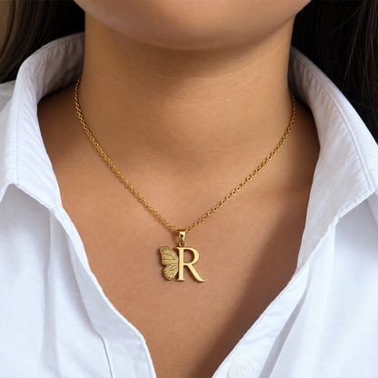 Attached Butterfly With Alphabet Pendant Set for Girl's & Womens