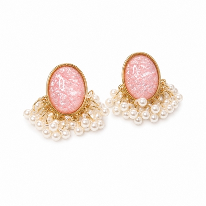 Oval Stone Pearl Stud Earrings with Pearl Tassel for Women & Girls