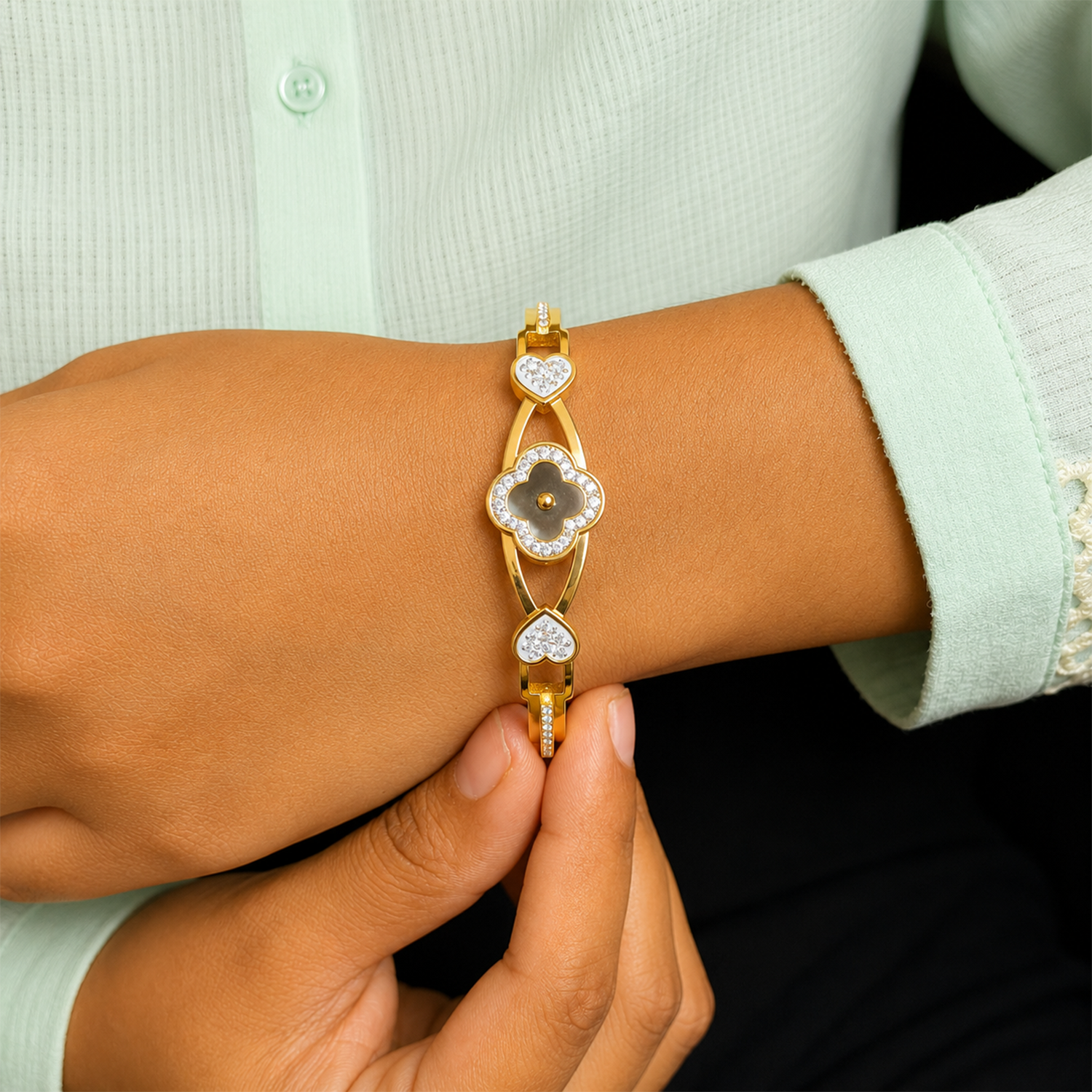 Heart & Flower Design AD Stone Cuff Bracelet for Women & Girls