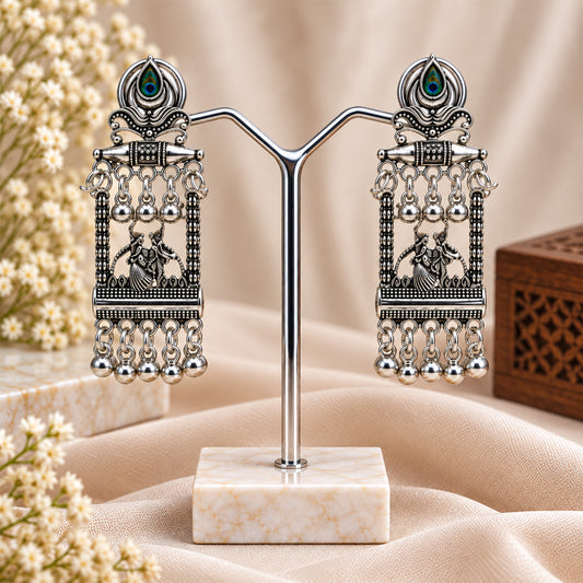 Dancing Idol Design Peacock Feather Oxidized Earrings