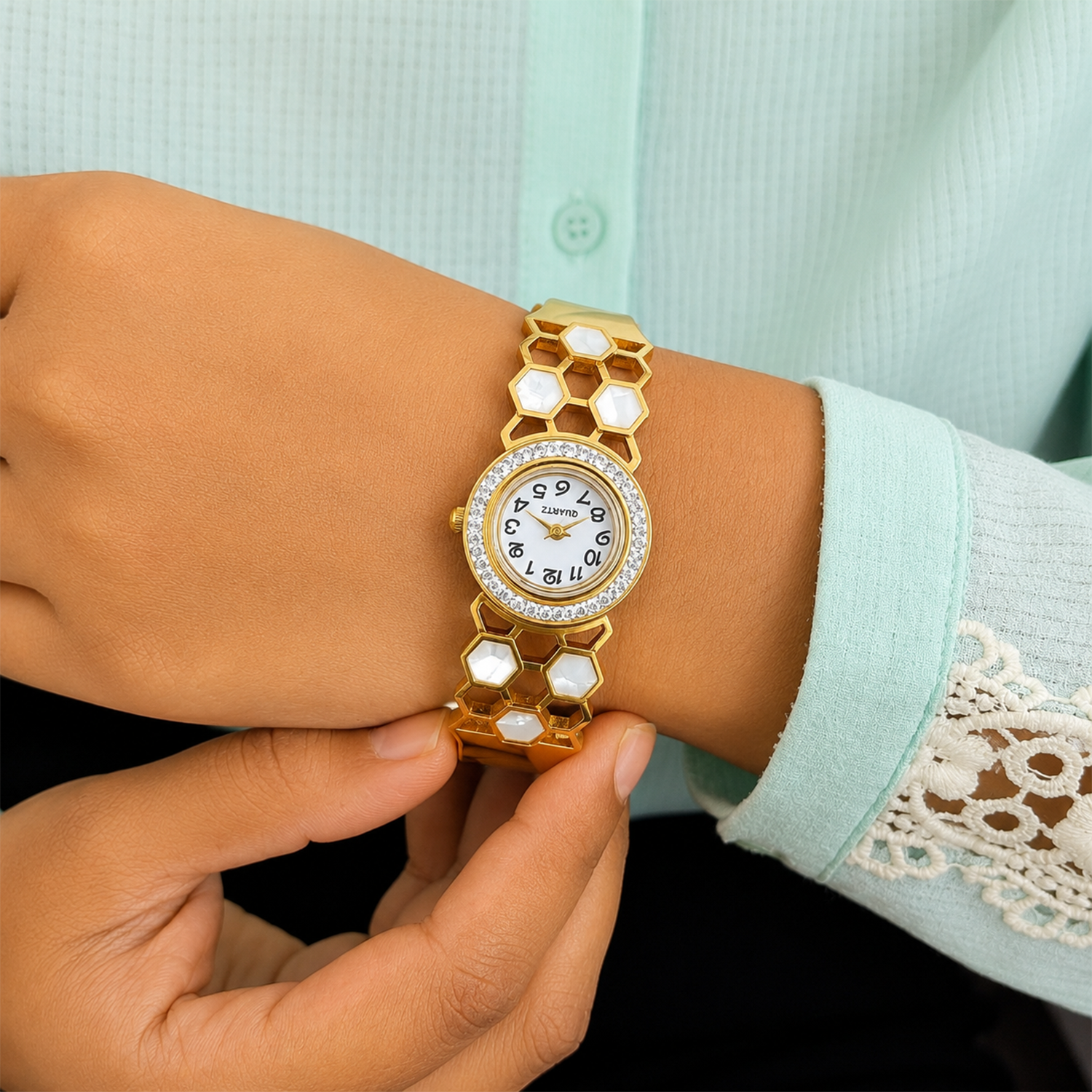 Modern Honeycomb Design AD Studded Band Bracelet Watch For Girls & Women