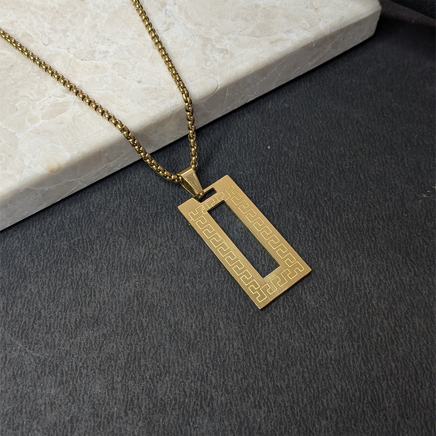 Greek Key Pattern Rectangular Pendant With Chain For Men & Boys