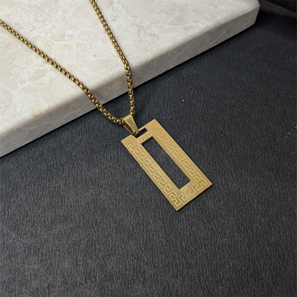 Greek Key Pattern Rectangular Pendant With Chain For Men & Boys