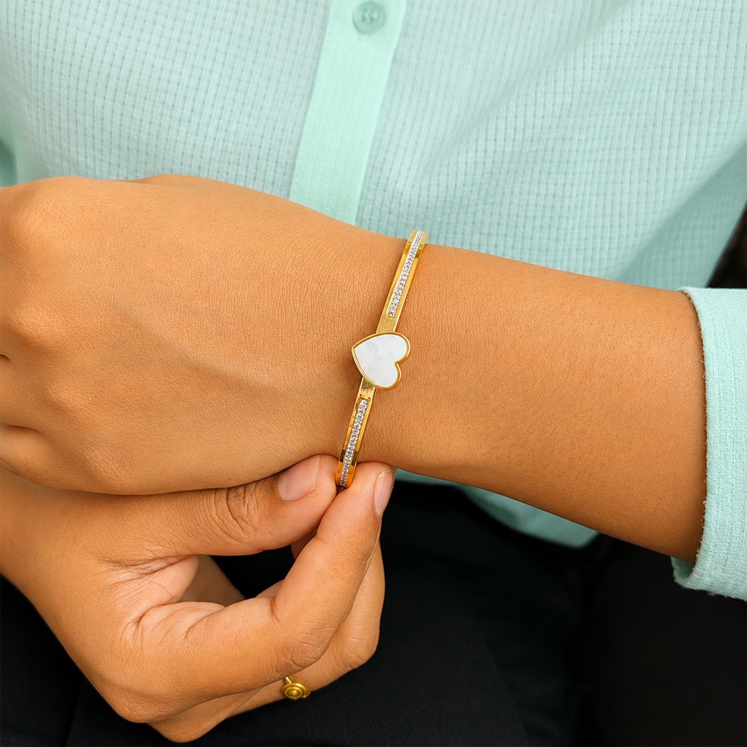 Golden Heartline Design AD Stone Cuff Bracelet for Women & Girls