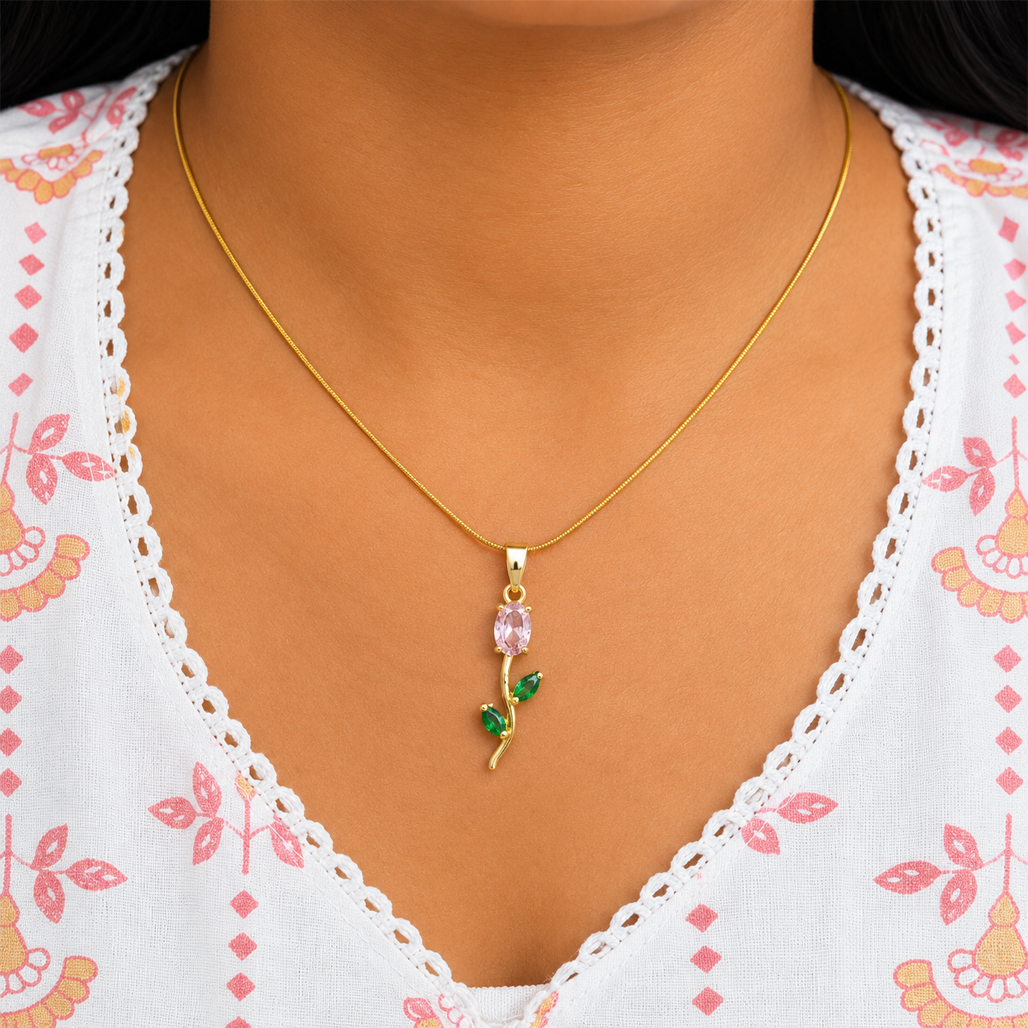 Tulip Two Leaf Floral Pendant Necklace For Girls & Women's