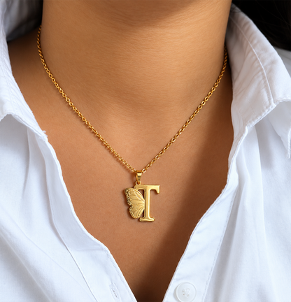 Attached Butterfly With Alphabet Pendant Set for Girl's & Womens