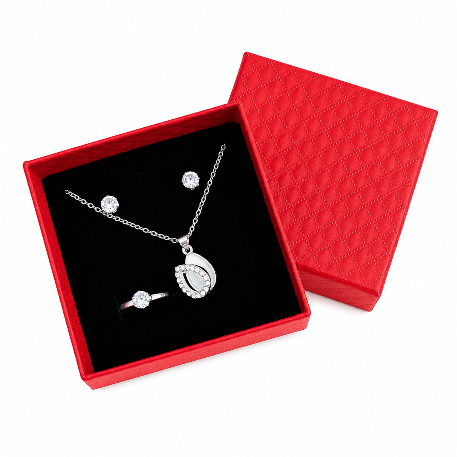 Silver-Tone CZ Stone Necklace Earrings & Ring Jewellery Set for Girls & Women