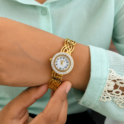 Traditional Intricate Bloom Design AD Studded Band Bracelet Watch For Girls & Women