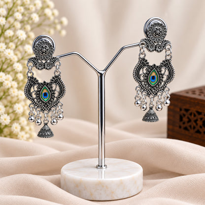 Oxidized Silver Peacock Dangle Earrings for Women