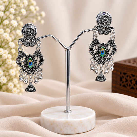 Oxidized Silver Peacock Dangle Earrings for Women