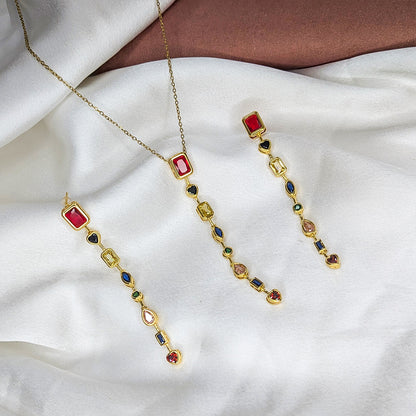 Gold Finish Multicolor Crystal Drop Pendant & Earrings Set for Women