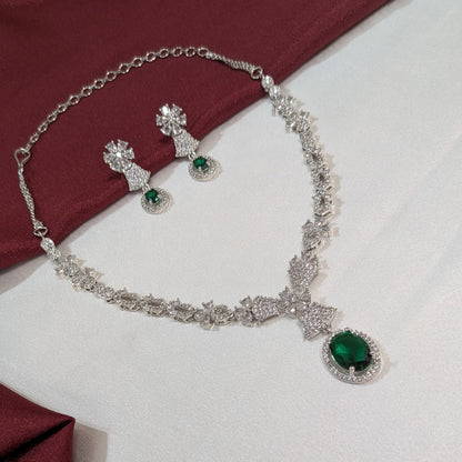American Diamond Oval Drop Pendant with Leaf-Pattern Detailing Necklace Set