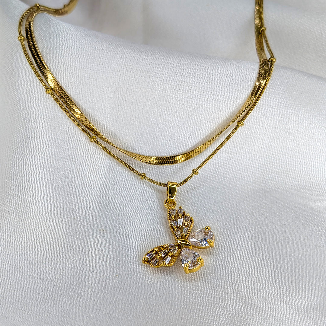 Gold Plated Elegant CZ Crystal Butterfly Stainless Steel Pendant For Girls & Women