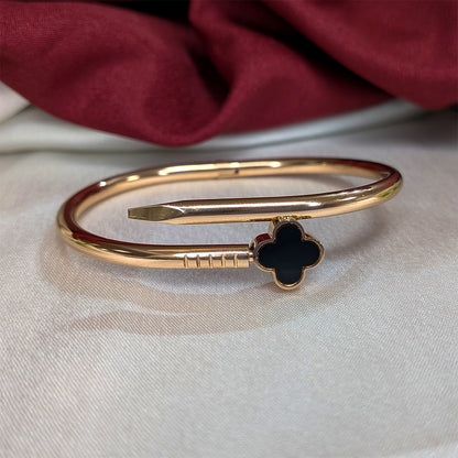 Elegant Nail Design Bracelet With Floral Black Enamel Charm For Girls & Women