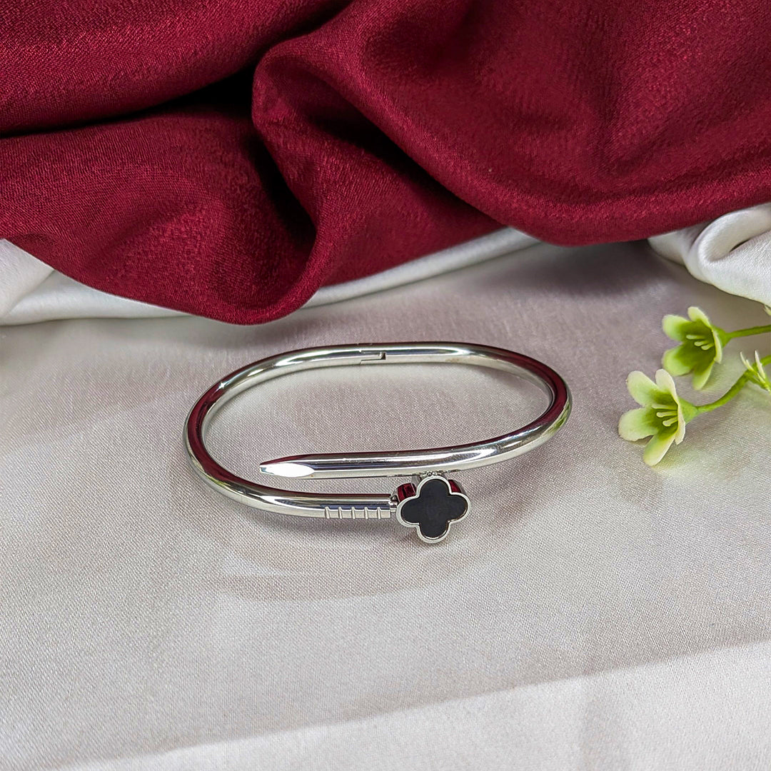 Elegant Nail Design Bracelet With Floral Black Enamel Charm For Girls & Women