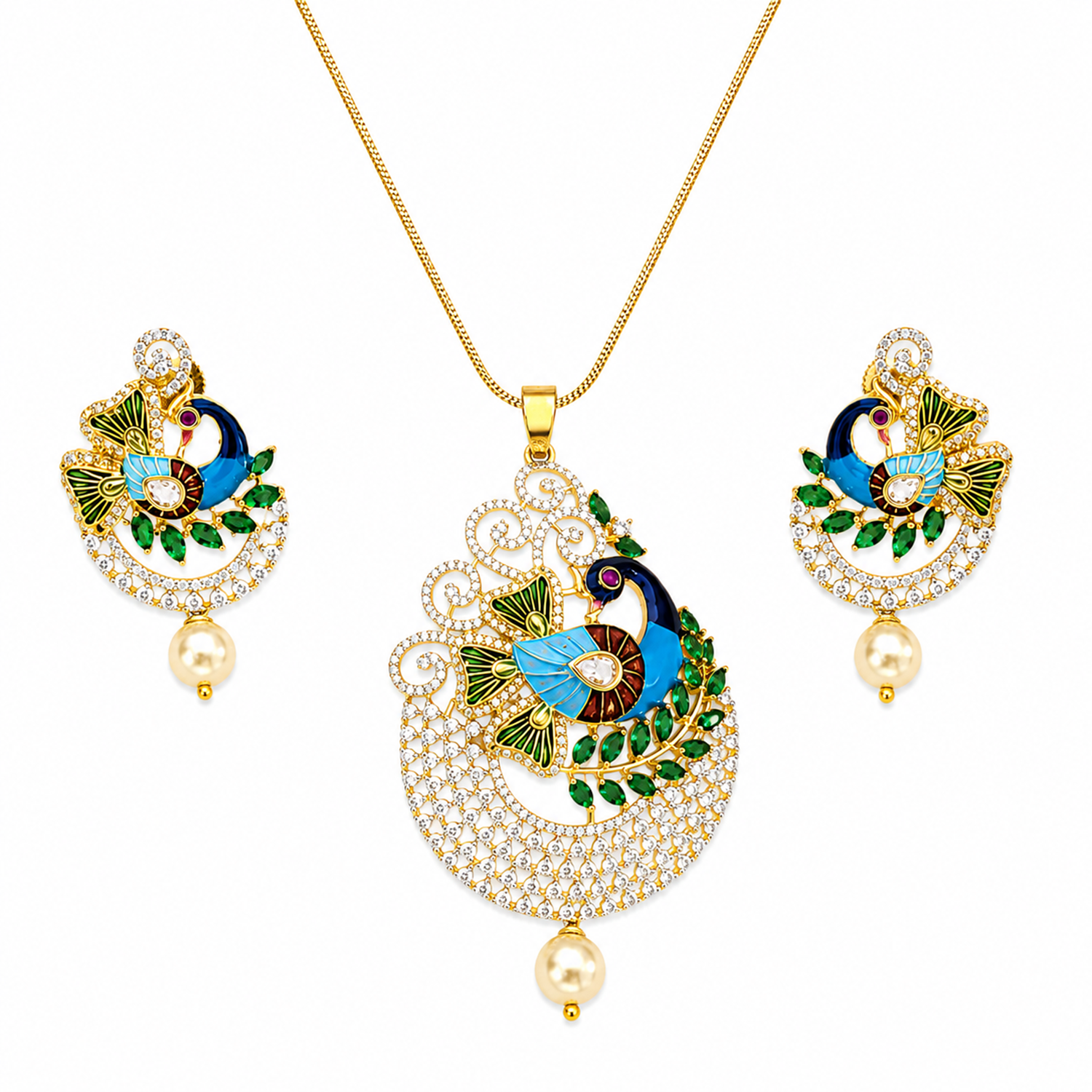 Peacock Majesty AD Stone Pendant Set for Girls & Women's
