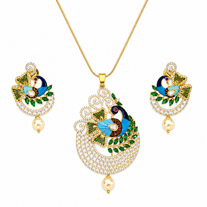 Peacock Majesty AD Stone Pendant Set for Girls & Women's