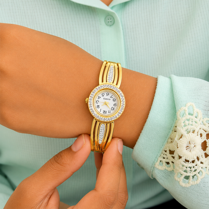 Traditional Feather Design AD Studded Band Bracelet Watch For Girls & Women