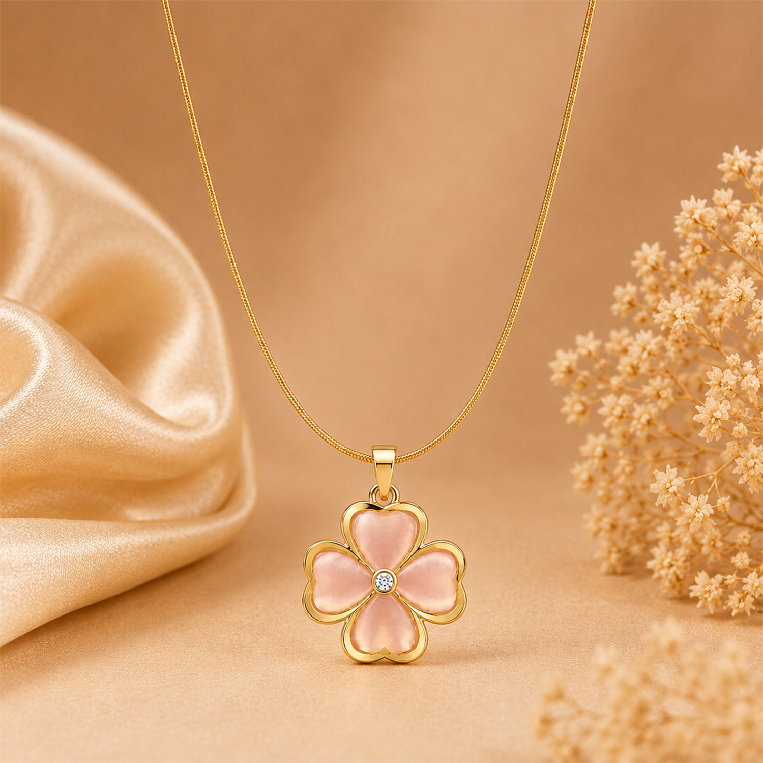Lucky Four Leaf Floral Pink Stone Pendant for Girls & Women's