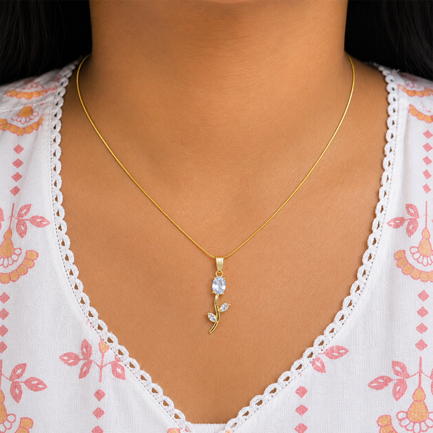 Tulip Two Leaf Floral Pendant Necklace For Girls & Women's