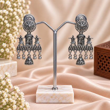 Oxidized Silver Dancing Idol Floral Jhumka Earrings for Women