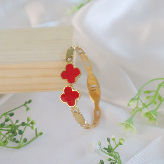 18K Gold Plated Red Clover Charm Bracelet with Crystal Accents ( Anti Tarnish )