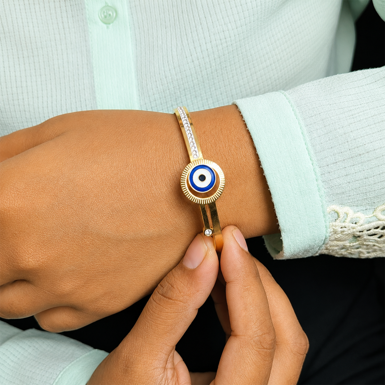 Blue Evil Eye Enamel AD Stone Cuff Bracelet for Women & Girls
