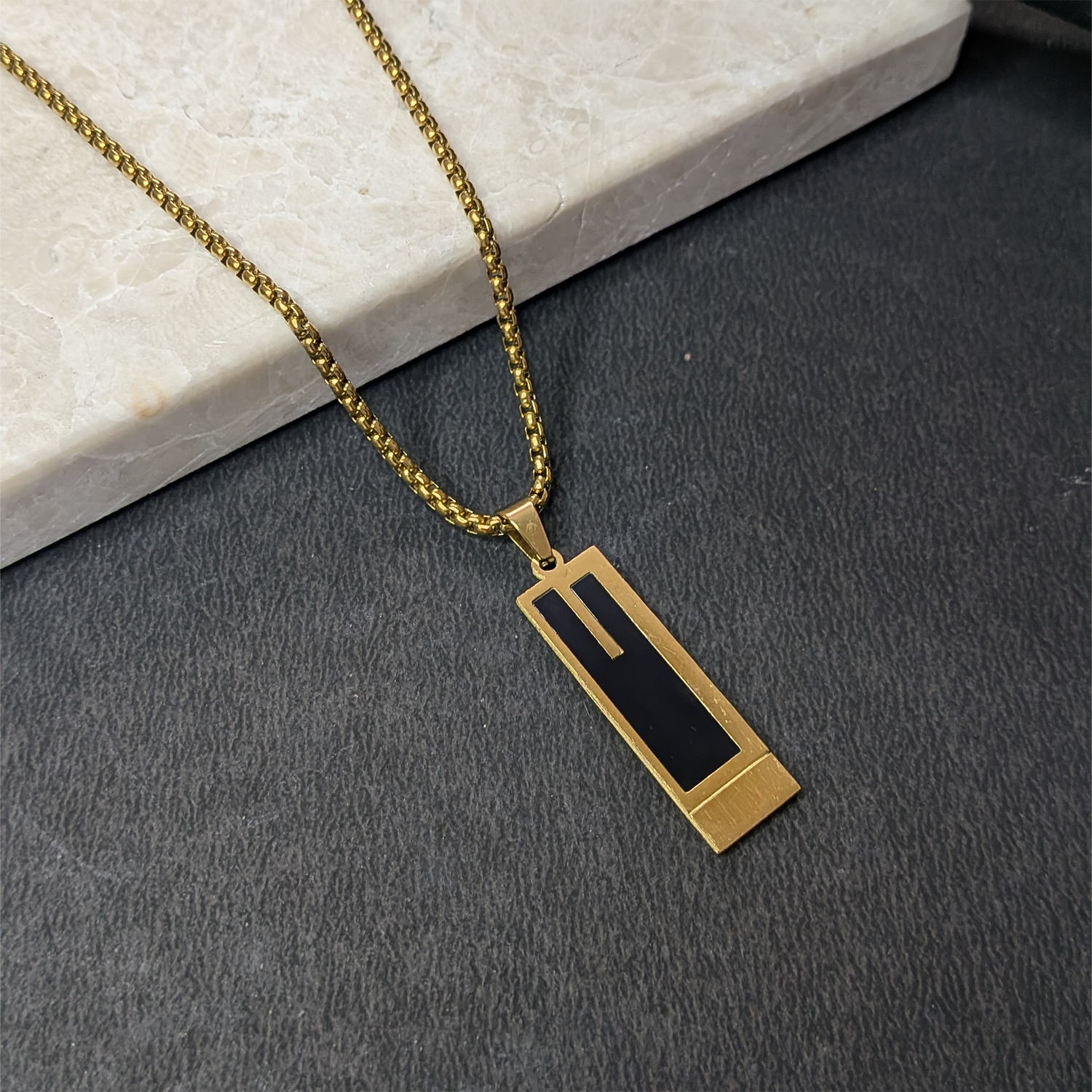 Trendy Roman Rectangular Pendant With Golden Tone Chain For Men & Boys