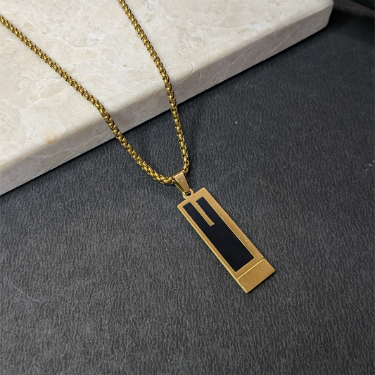 Trendy Roman Rectangular Pendant With Golden Tone Chain For Men & Boys