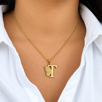 Attached Butterfly With Alphabet Pendant Set for Girl's & Womens