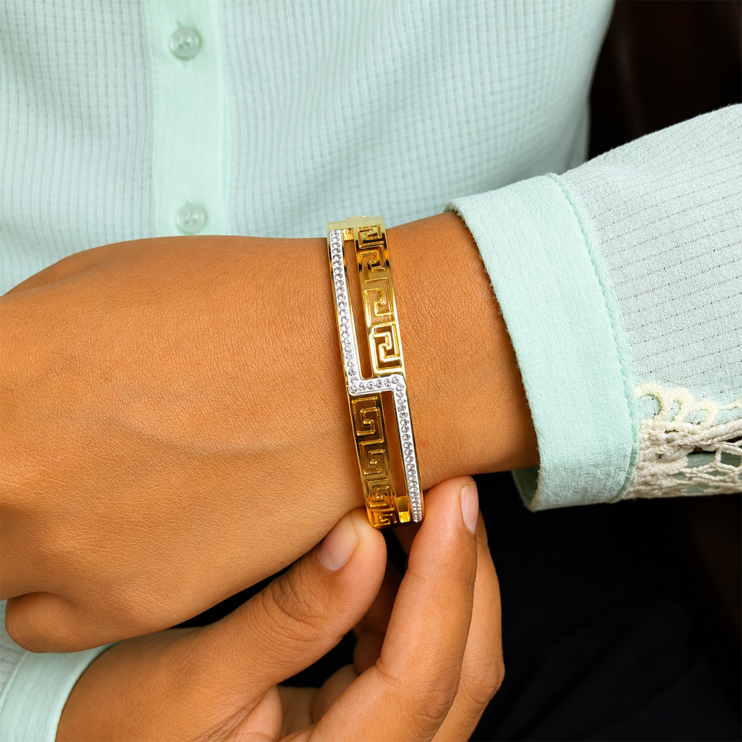 Linear Greek Key Design AD Stone Cuff Bracelet for Women & Girls