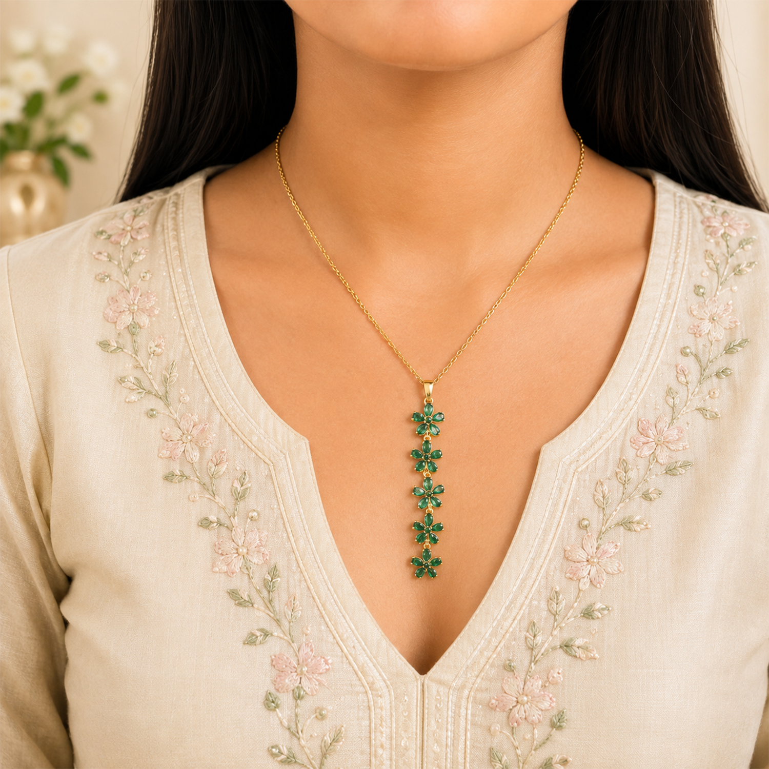 Vertical Cascade Of Five Vibrant CZ floral Pendant For Girls & Women's