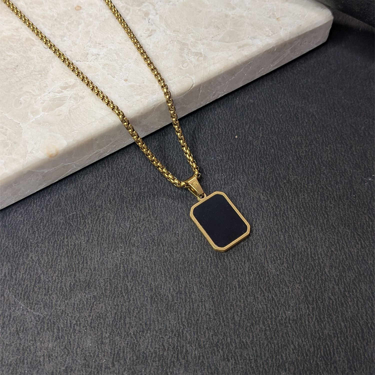 Black Onyx Rectangular Pendant With Golden Tone Chain For Men & Boys
