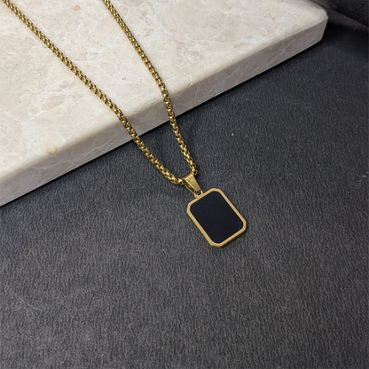 Black Onyx Rectangular Pendant With Golden Tone Chain For Men & Boys