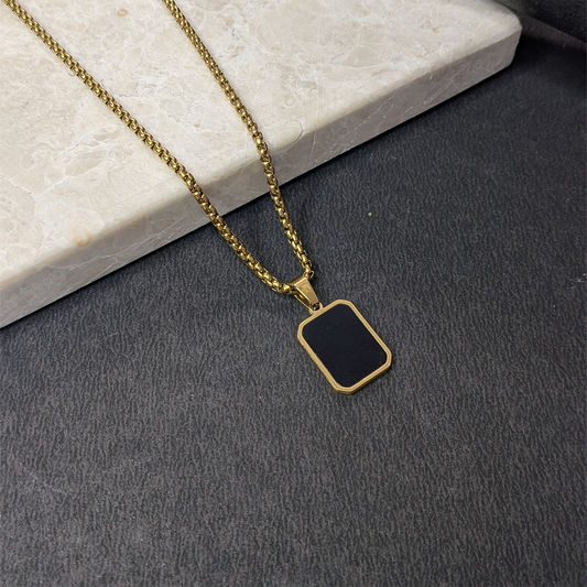Black Onyx Rectangular Pendant With Golden Tone Chain For Men & Boys