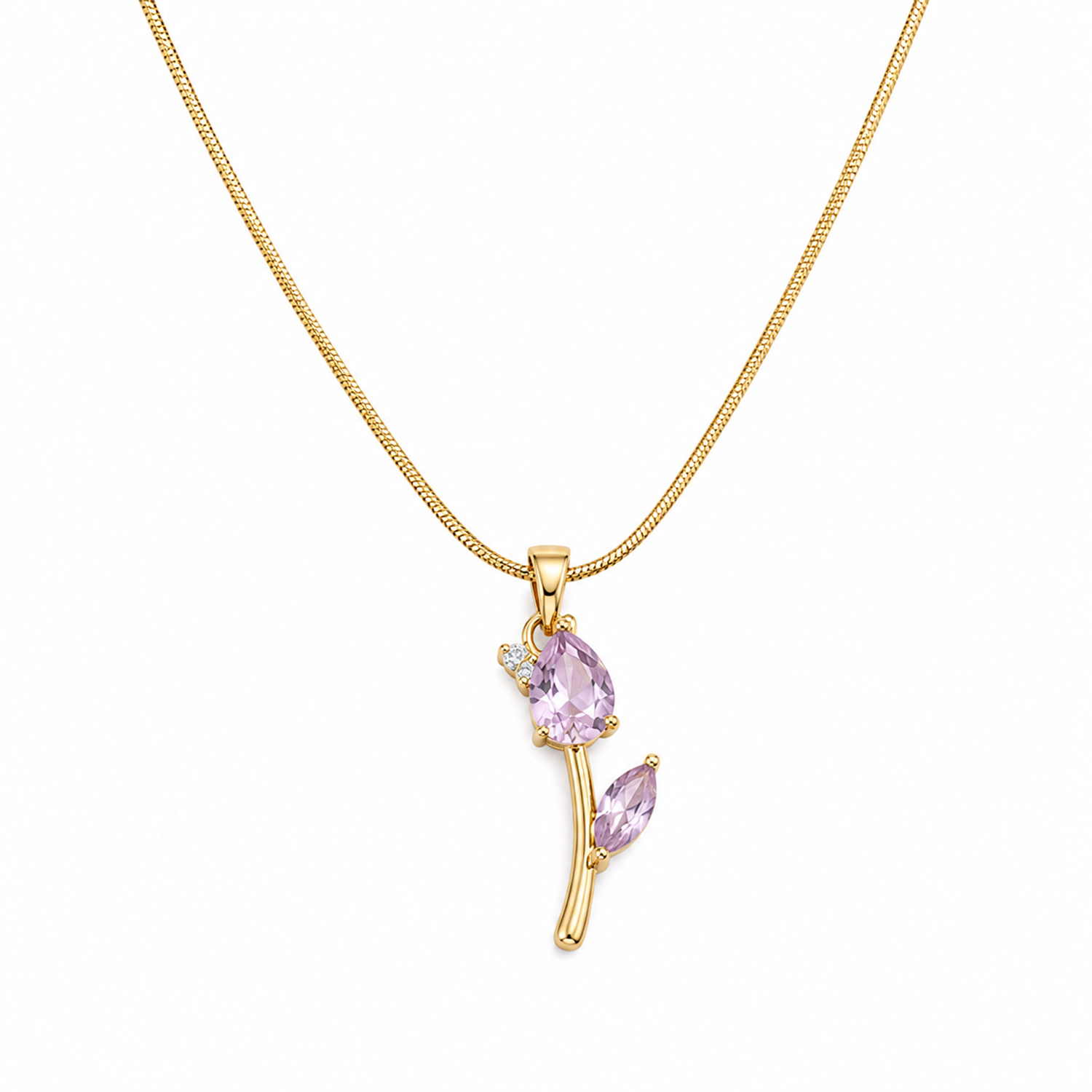 Tulip CZ Teardrop One Leaf Flower Pendant Necklace For Girls & Women's