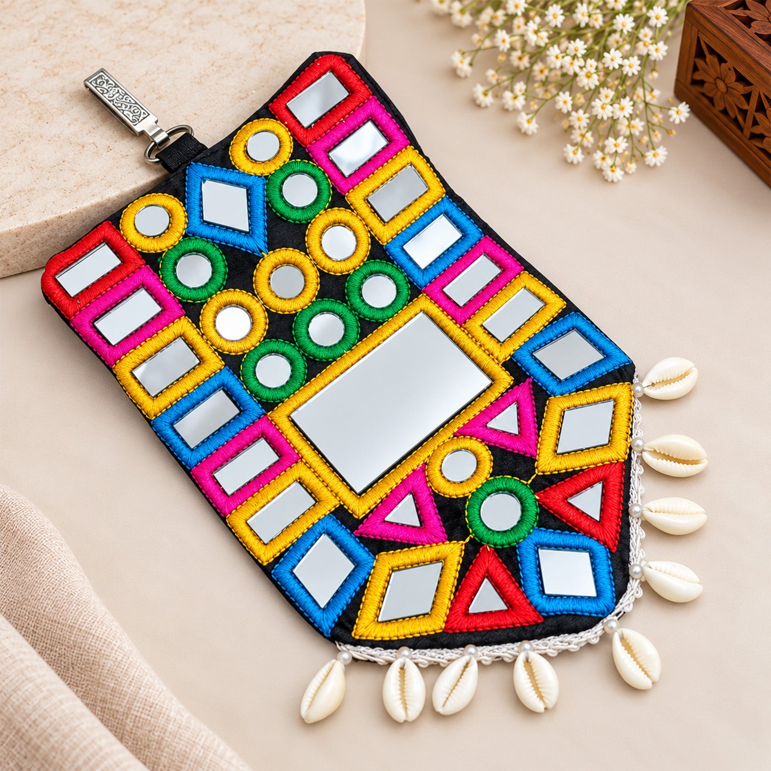 Handcrafted Cowrie Shell Kutchi Mirror Work Mobile Pouch