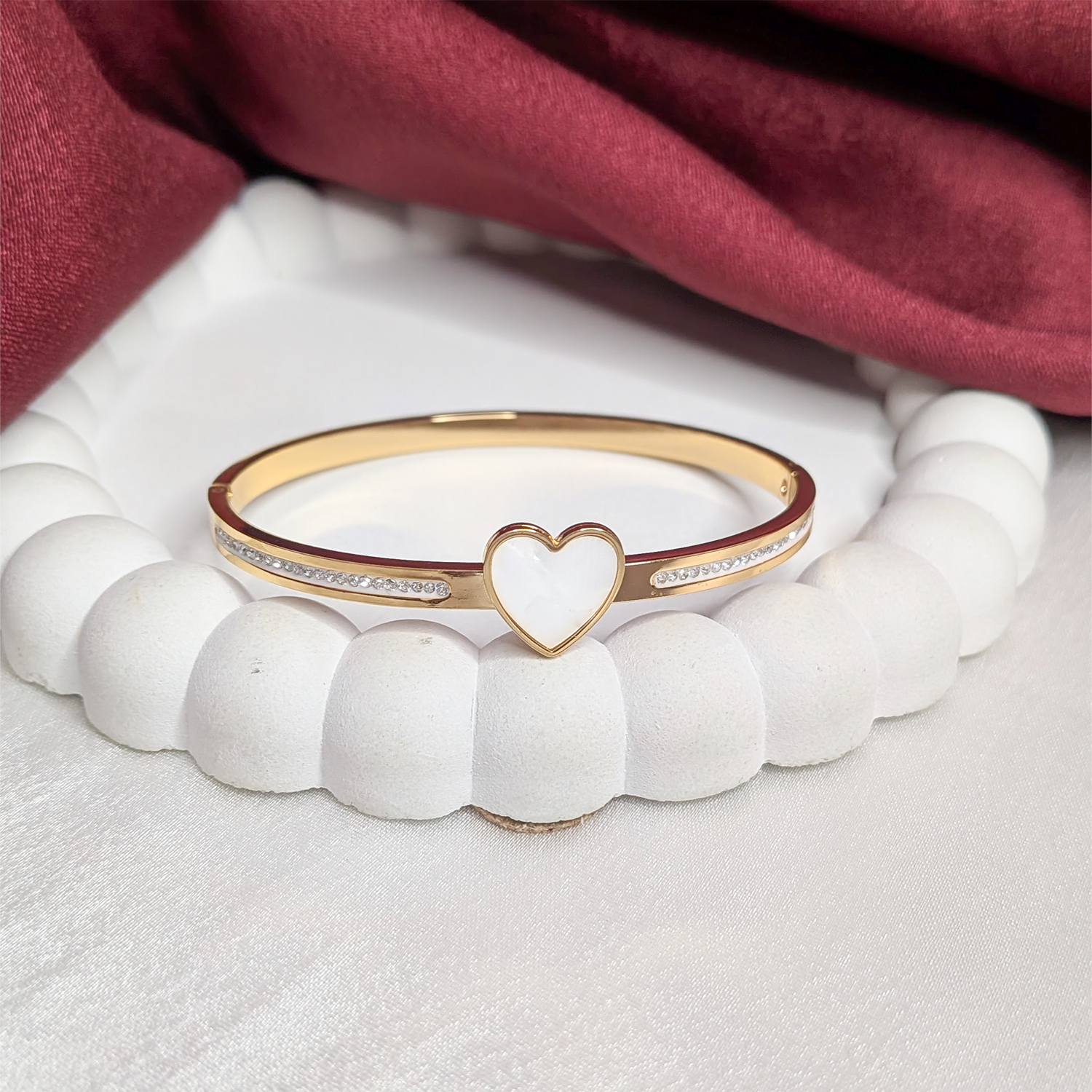 Golden Heartline Design AD Stone Cuff Bracelet for Women & Girls