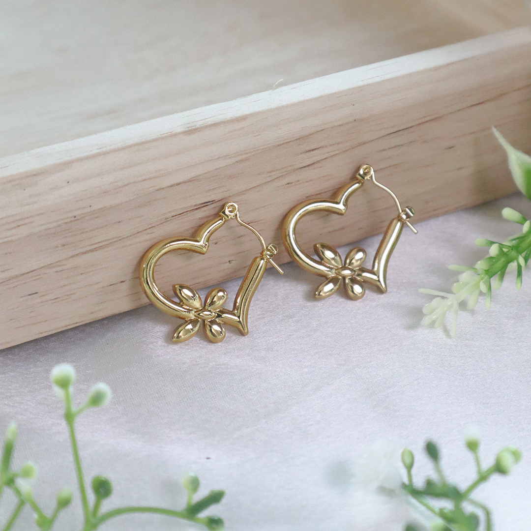 18K Gold Plated Heart Shape Floral Hoop Earrings