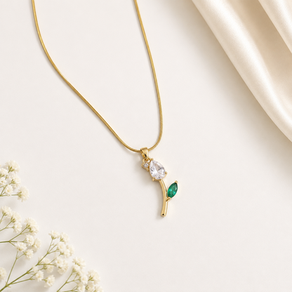Tulip Teardrop Two Leaf Flower Pendant Necklace For Girls & Women's