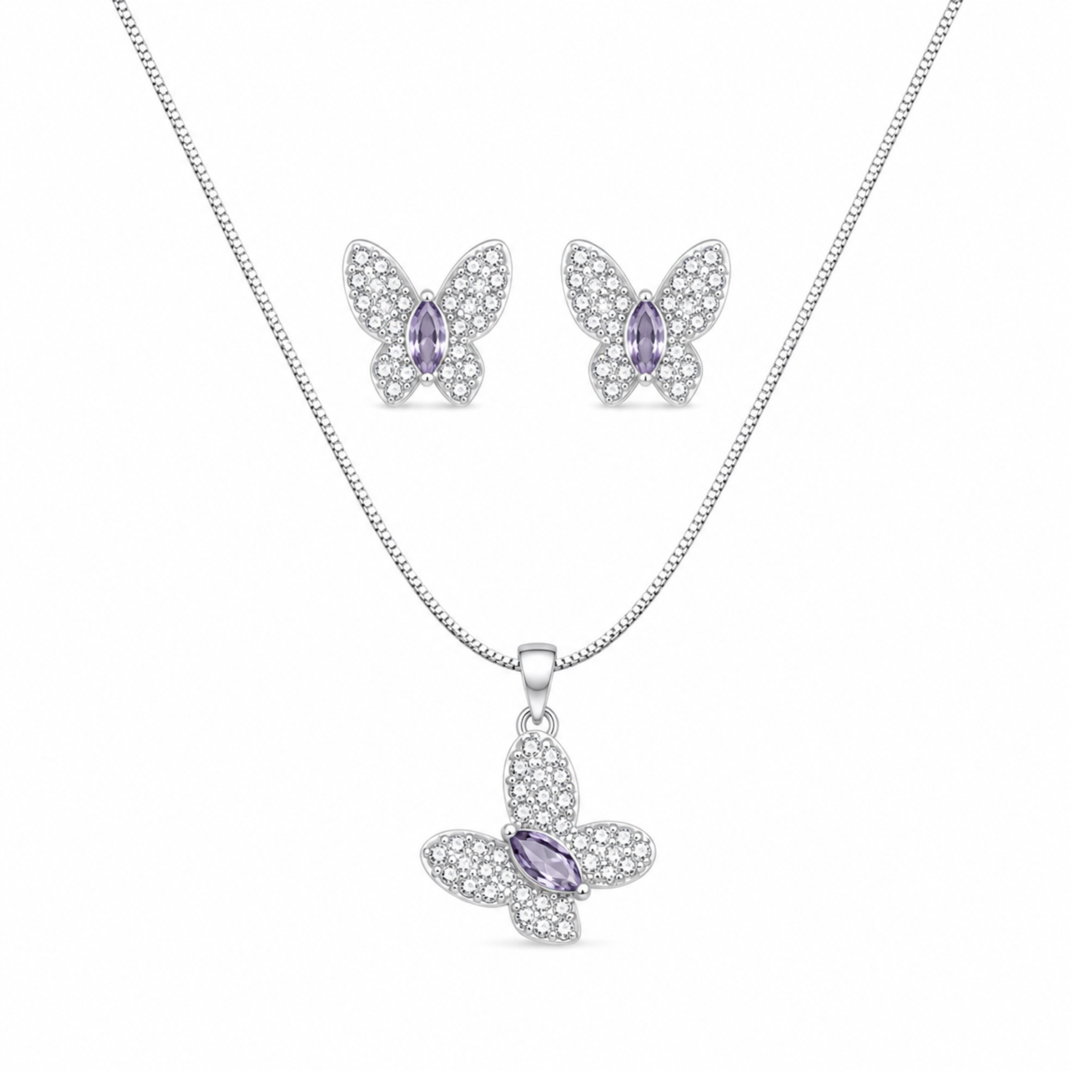 Butterfly AD Stone Rhodium Finish Pendant Set for Girls & Women's