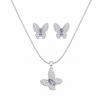 Butterfly AD Stone Rhodium Finish Pendant Set for Girls & Women's